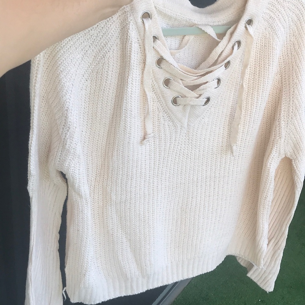 Bellflower Sleeve Rib Lace Up Cream Sweater - Picture 2 of 6